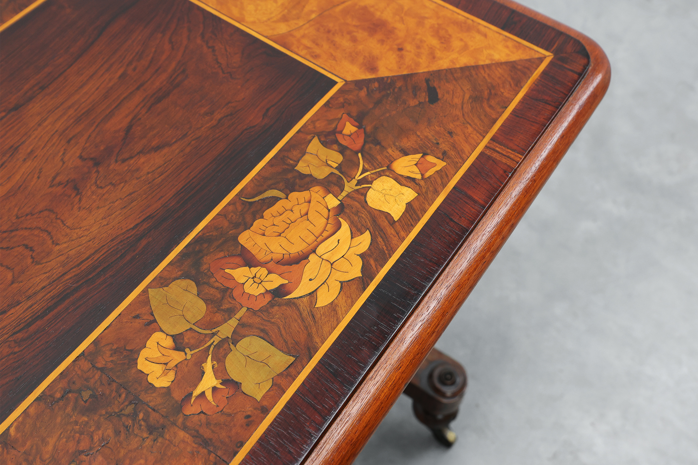 Victorian Walnut Side Table with Inlaid Top and Pierced Scroll Ends, England, circa 1870thumbnail